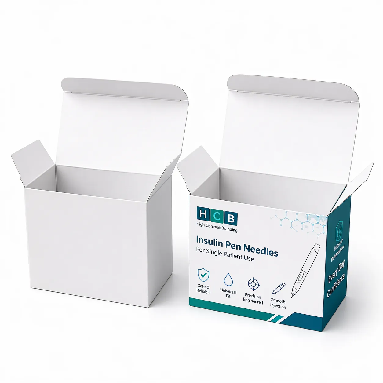 Two rectangular medical boxes, one blank white and one with professional blue insulin product designs.